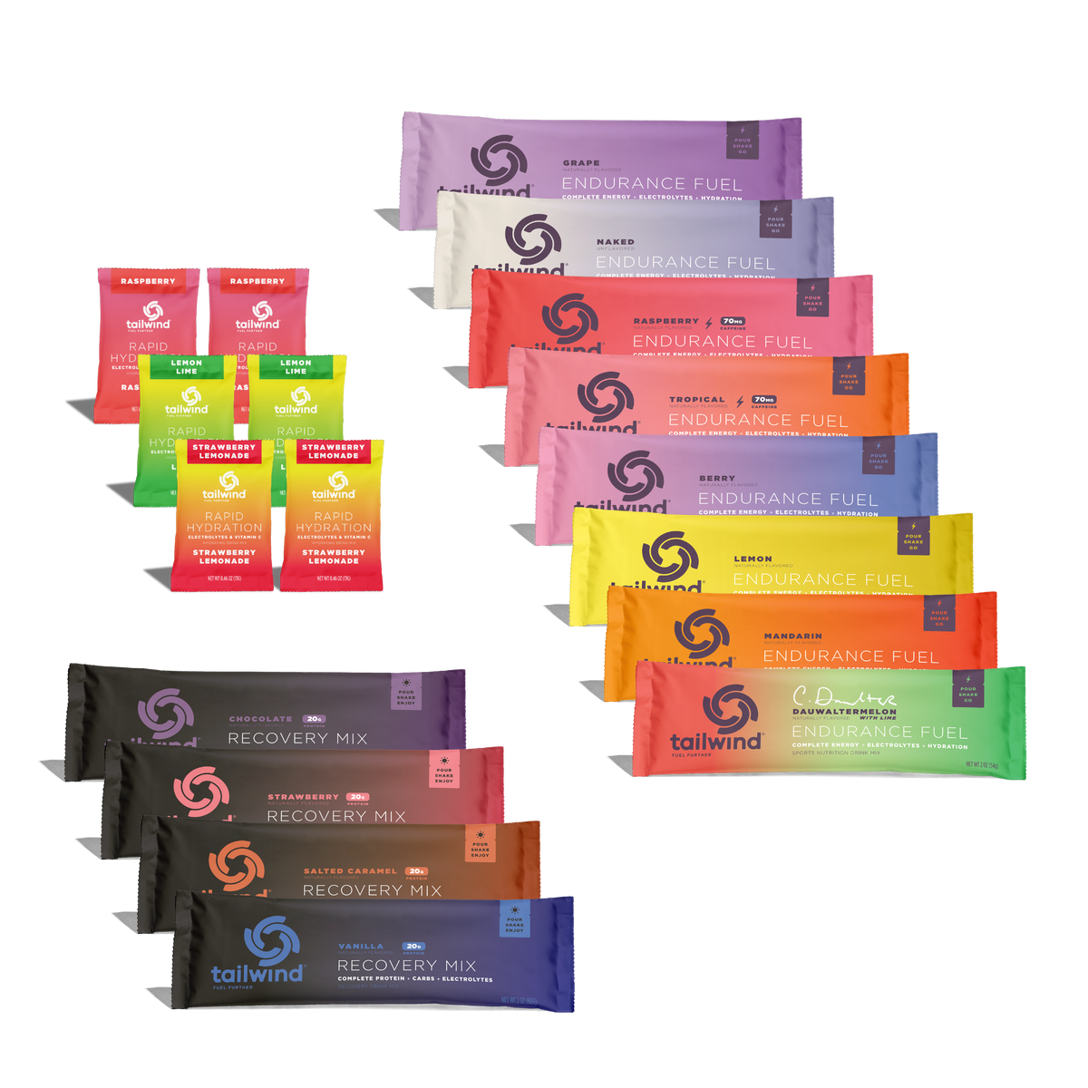 Product photography by Tailwind Nutrition featuring a colorful array of Endurance Fuel and Recovery Mix packets on a black background highlighting the iconic swirl logo and unique flavors like lime green Dauwaltermelon and deep blue vanilla